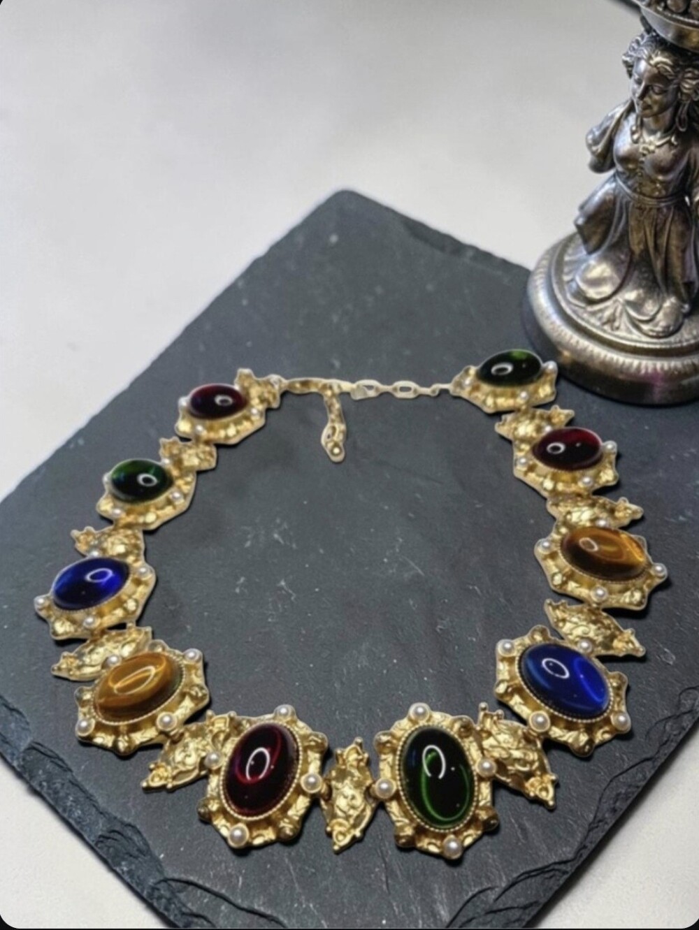 18k Matte Gold Plated Regal Royal Moghul Glass Pearl Cabochon Statement Necklace